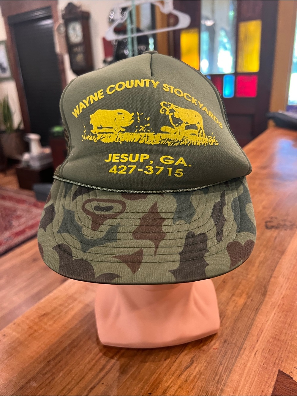 Wayne County Stockyards Olive Green Camo Trucker Hat